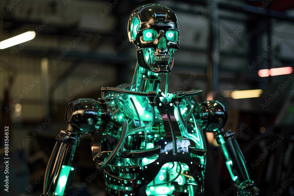 Poster an android with illuminated eyes and a reflective head, a metallic automaton robot with fluorescent 
