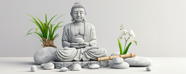 Estatua de Buda con orquídea y bambú, fondo blanco, guijarros en el suelo frente a ella para crear equilibrio zen, rocas de piedra, con un largo palo de madera detrás de la escultura de Buda, fondo