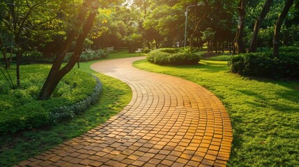 Fototapeta premium Golden brick circle shaped pathway in a serene park, ideal for elegant outdoor designs --ar 16:9 Job ID: 4225b263-e6be-4c13-a625-123de03f5261