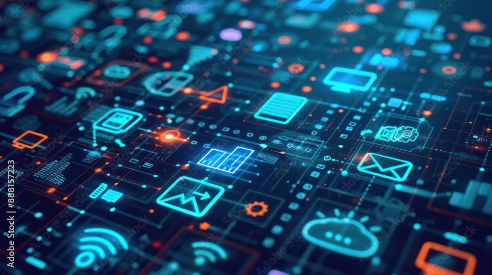 Poster abstract digital interface with icons representing various aspects of digital marketing strategies
