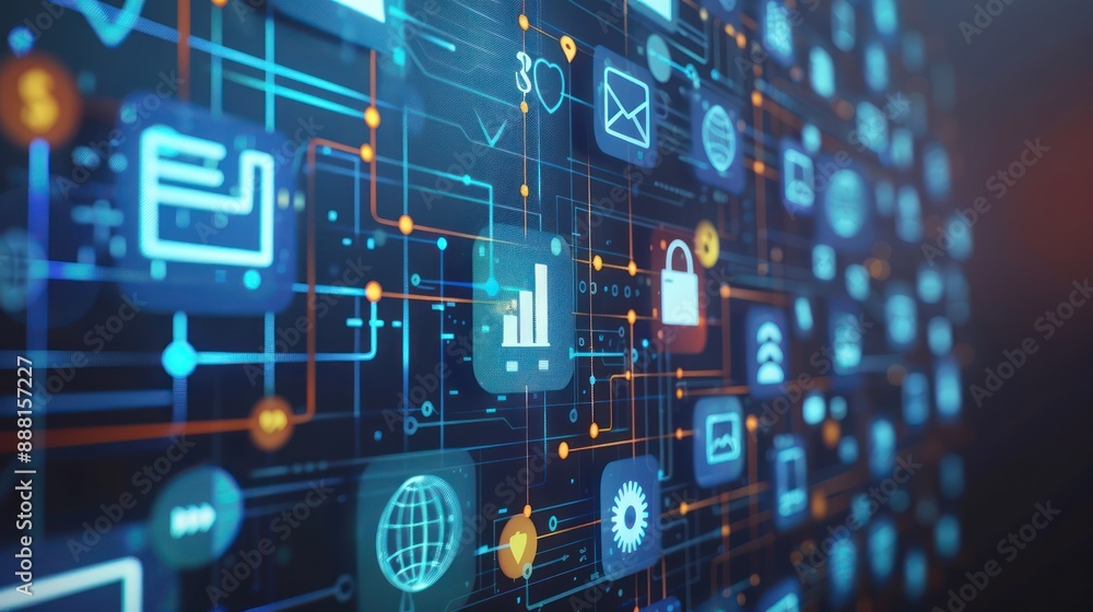 Poster abstract digital interface with icons representing various aspects of digital marketing strategies