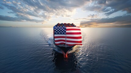 Fototapeta premium A container ship proudly displays the American flag as it sails the open sea, representing international trade and commerce
