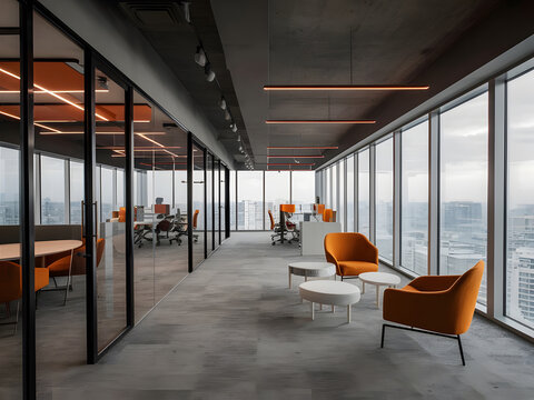 Oficina moderna y contempor&aacute;nea en tonos grises con ventanas panor&aacute;micas, mamparas de vidrio y detalles en naranja