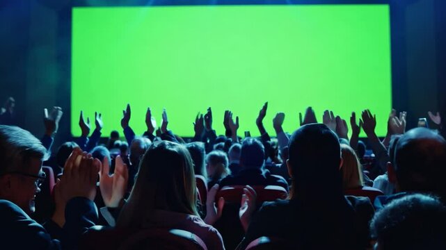 Happy viewers crowd clapping hands looking at green chroma key cinema screen expressing admiration. Business.