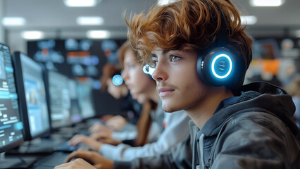 A young boy wearing headphones uses a computer alongside his friends in a classroom. For student collaboration and student interaction concepts.