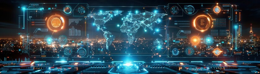 Fototapeta premium Futuristic digital interface with a global map, symbolizing advanced technology and global connectivity,The images are of high quality and clarity