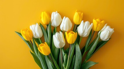 Vibrant bouquet of yellow and white tulips on a yellow background, ideal for floral and nature-themed inspirations