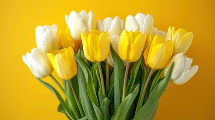 Yellow and white tulips elegantly arranged in a bouquet on a cheerful yellow background, perfect for nature themes