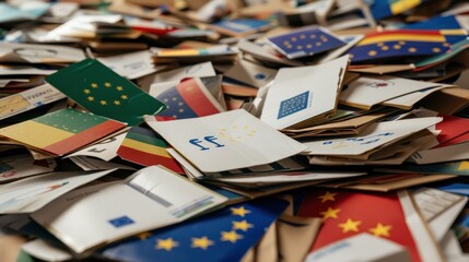 Fototapeta premium A pile of voting cards from various European countries symbolizes the collective decisions made during the European elections