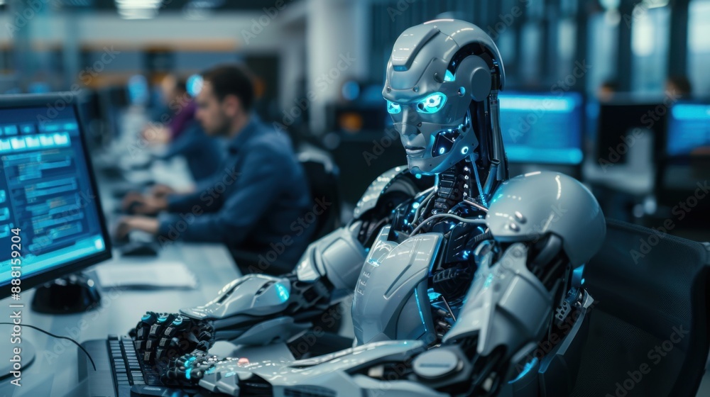 Poster a humanoid robot with metallic skin and glowing eyes working at the computer in office
