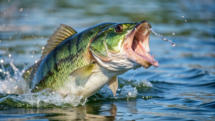 Fototapeta premium A largemouth bass breaks the water's surface, its greenish-gray scales glistening in the sunlight as it thrashes about, its mouth open in a fierce snarl.