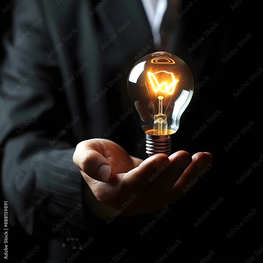 Wall mural light bulb in hand of businessman, innovative business idea, motivation for success, innovation, ene