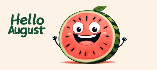 Fototapeta premium Cute happy watermelon character surronded watermelon slices, on light beige background. Smiling fun fruit cartoon character. Creative calligraphy design. For advertising, card, banner. Copy space. 