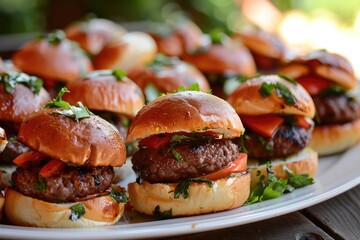 Plate of mini hamburgers skewered with toothpicks, ideal for a small gathering, A plate of savory sliders, Delicious restaurant food advertising a plate of mini burger, AI generated