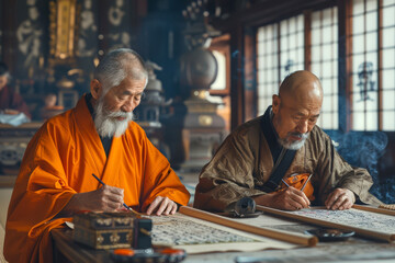 Two Asian monks, dressed in traditional robes, sit at a table in a dimly lit monastery, meticulously practicing calligraphy with their brushes