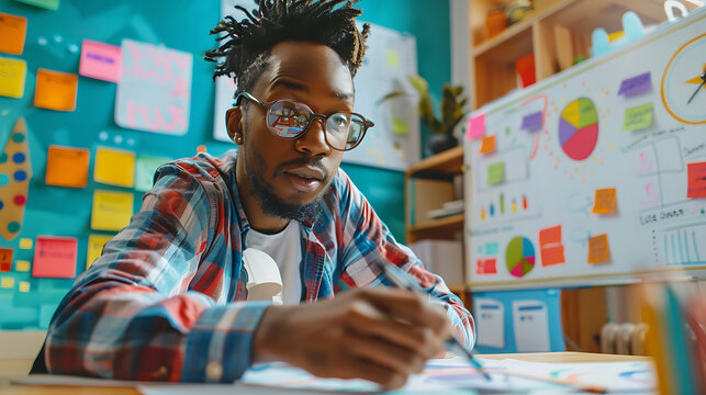 A teacher preparing lesson plans and activities at a whiteboard in a bright, tidy classroom before students arrive 