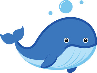 Cute funny whale print on white background. Ocean cartoon animal character for design of album, scrapbook, greeting card, invitation, wall decor. Flat colorful vector stock illustration.