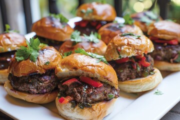 Mini hamburgers served on a platter with toothpicks, great for a snack or party food, A plate of savory sliders, Delicious restaurant food advertising a plate of mini burger, AI generated