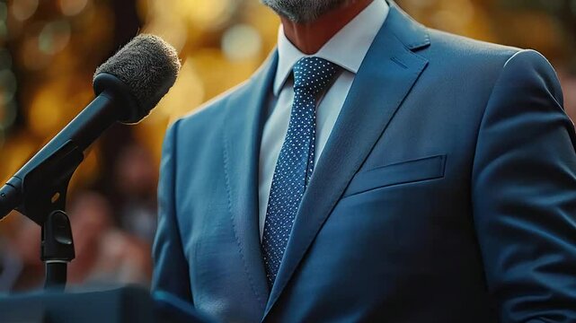 A video of a US presidential candidate delivering a compelling speech from the podium.	Concept of strong power, leadership, unity