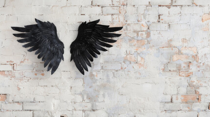 Mural, graffiti art, black angel wings on old brick wall
