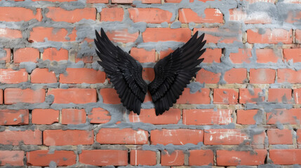 Black Angel Wings Graffiti Art on Old Brick Wall