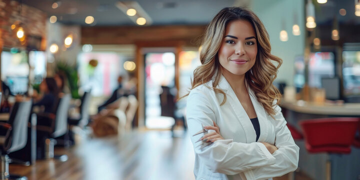 young woman standing confidently at salon