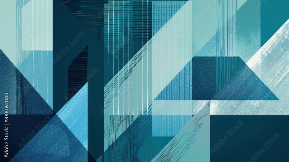 Poster geometric shapes and lines in shades of blue, creating a modern and minimalist abstract design