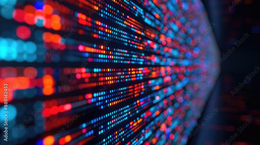 Poster abstract background with vibrant blue and red lights forming digital patterns, representing technolo