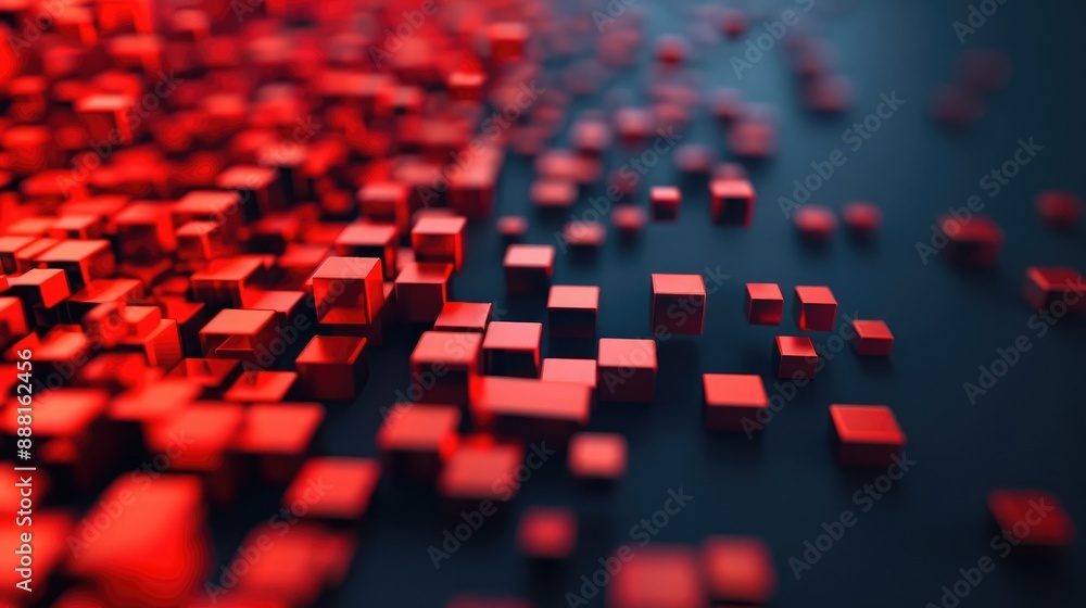 Poster abstract background with red 3d cubes in shallow focus on dark surface, creating a dynamic and moder