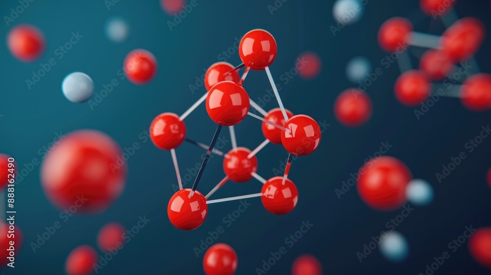 Poster abstract molecular structure with red atoms and connections on a dark blue background, representing 