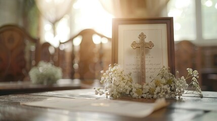 Fototapeta premium A framed cross with delicate flowers, beautifully placed on a wooden table in a bright and serene room.