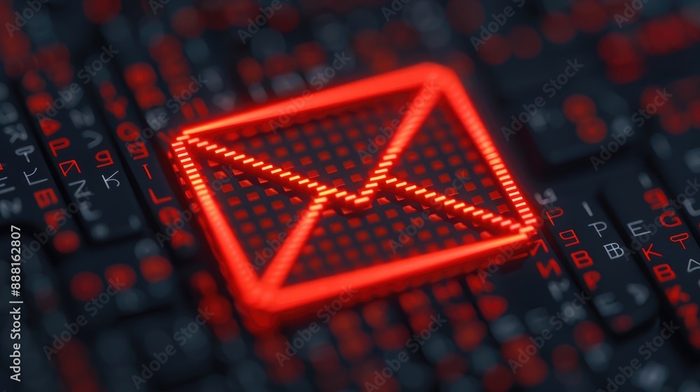 Poster glowing red email icon overlaid on a keyboard with scattered code, symbolizing digital communication