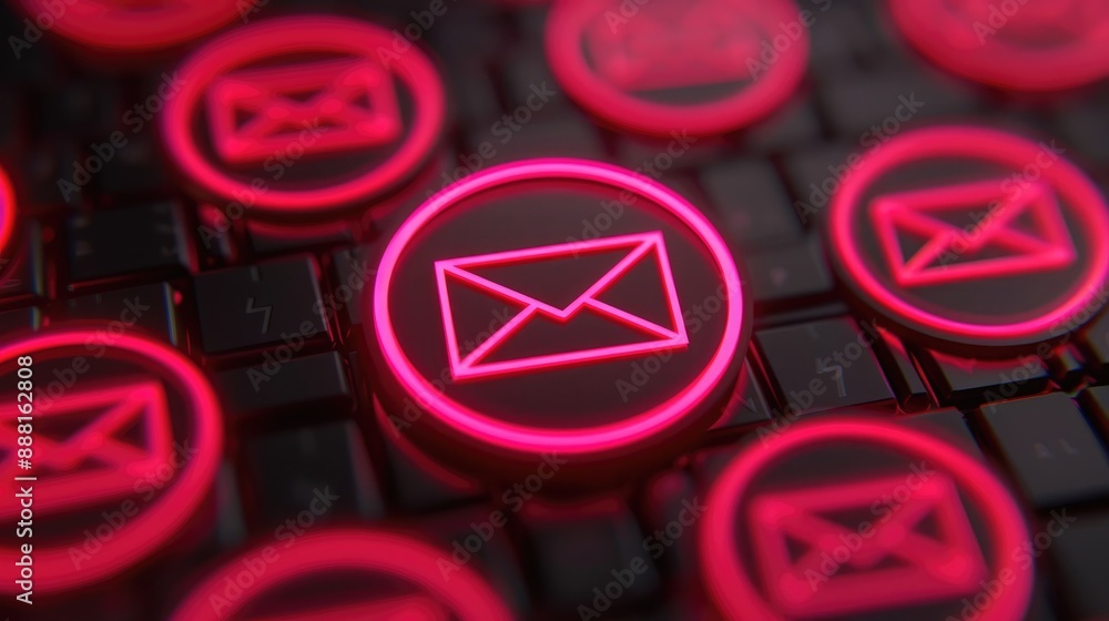 Poster glowing red email icons on a keyboard symbolize digital communication and technology in a modern onl