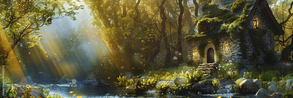 Poster a lush green forest with a small house in the middle. the house is surrounded by trees and has a sto