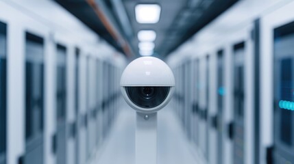 Modern security camera in a high-tech server room, ensuring data protection and surveillance in a secure infrastructure environment.