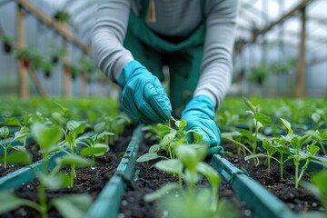 Person wearing blue gloves tending to young plants in a greenhouse, focusing on sustainable gardening and plant care techniques.