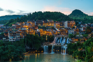  Wangcun Waterfall Beautiful in Furong Zhen town. Amazing beautiful landscape scene of Furong...