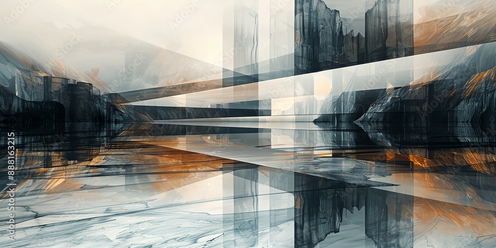 Poster a cityscape with a bridge in the middle. the bridge is reflected in the water, creating a sense of d