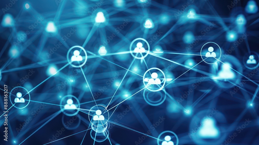 Poster abstract image of interconnected communication channels in marketing represented by digital icons