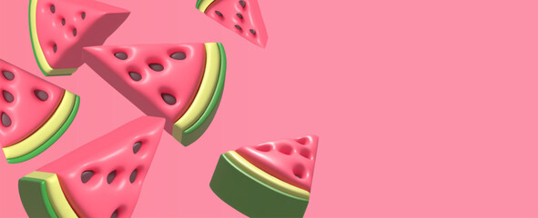 Vector banner, 3d render pieces of watermelon on pink background. Food icon. Red slice with black seeds and green skin. Vector illustration for postcard, icons, poster, advertising, web, design, arts
