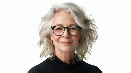 Close up portrait of smiling senior woman wearing eyeglasses standing isolated over white background