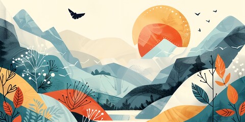 A mountain range with a bird flying over it and a sun in the sky. The sun is setting and the sky is filled with birds