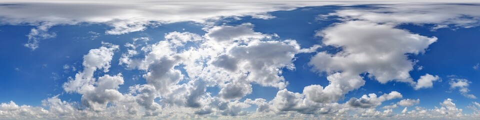 seamless cloudy blue sky hdri 360 panorama with zenith and beautiful clouds for use in 3d graphics or game development as skydome or edit drone shot as sky replacement