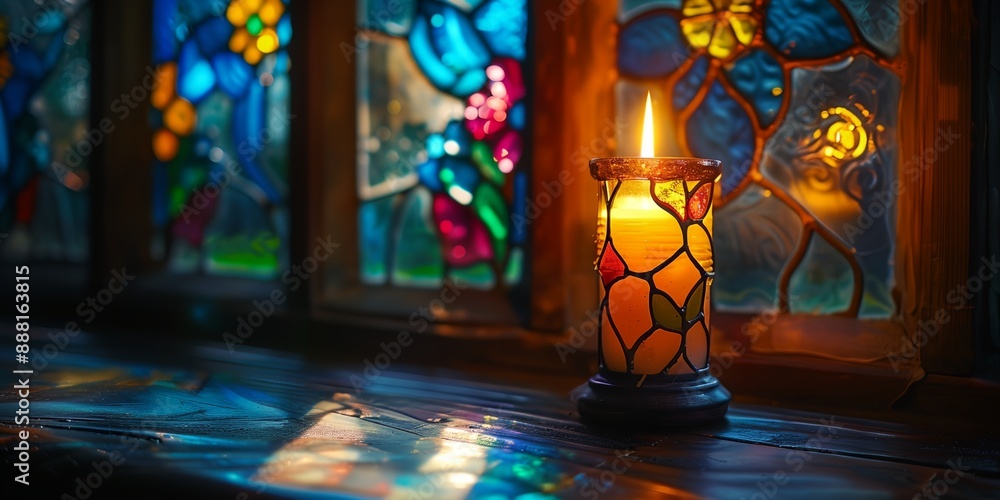 Poster a candle is lit on a table with a colorful mosaic background. the candle is surrounded by a variety 