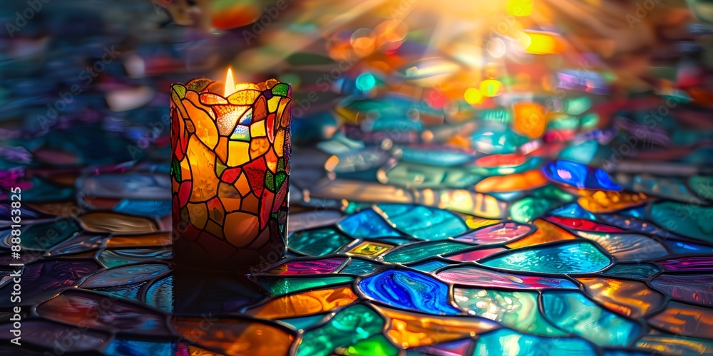 Poster a candle is lit on a table with a colorful mosaic background. the candle is surrounded by a variety 
