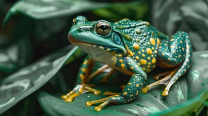 Fototapeta premium Closeup portrait of a green and yellow spotted wild frog sitting on green plant leaves