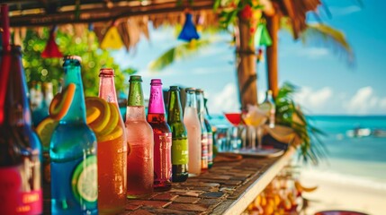 A beach bar with bottles of various tropical drinks lined up, vibrant and colorful, ready to be served. The background features the ocean and a lively, festive atmosphere. 