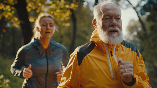 Energetic sportsman spending morning in park and jogging together with wife. Active pensioners taking care of health and doing regular physical activities amidst nature