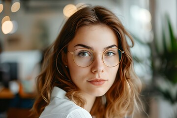 A woman with brown hair and glasses is standing in front of a plant. She is wearing a white shirt and has a smile on her face