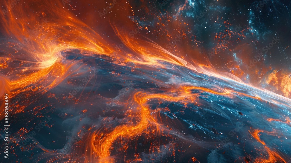 Sticker waves of orange and blue energy pulsating through the vast expanse of space, creating an otherworldl
